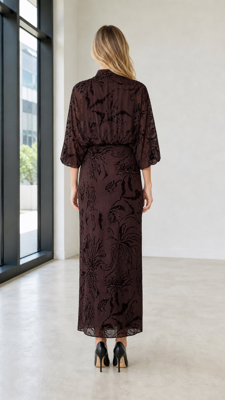 Back view of Dark Brown maxi dress