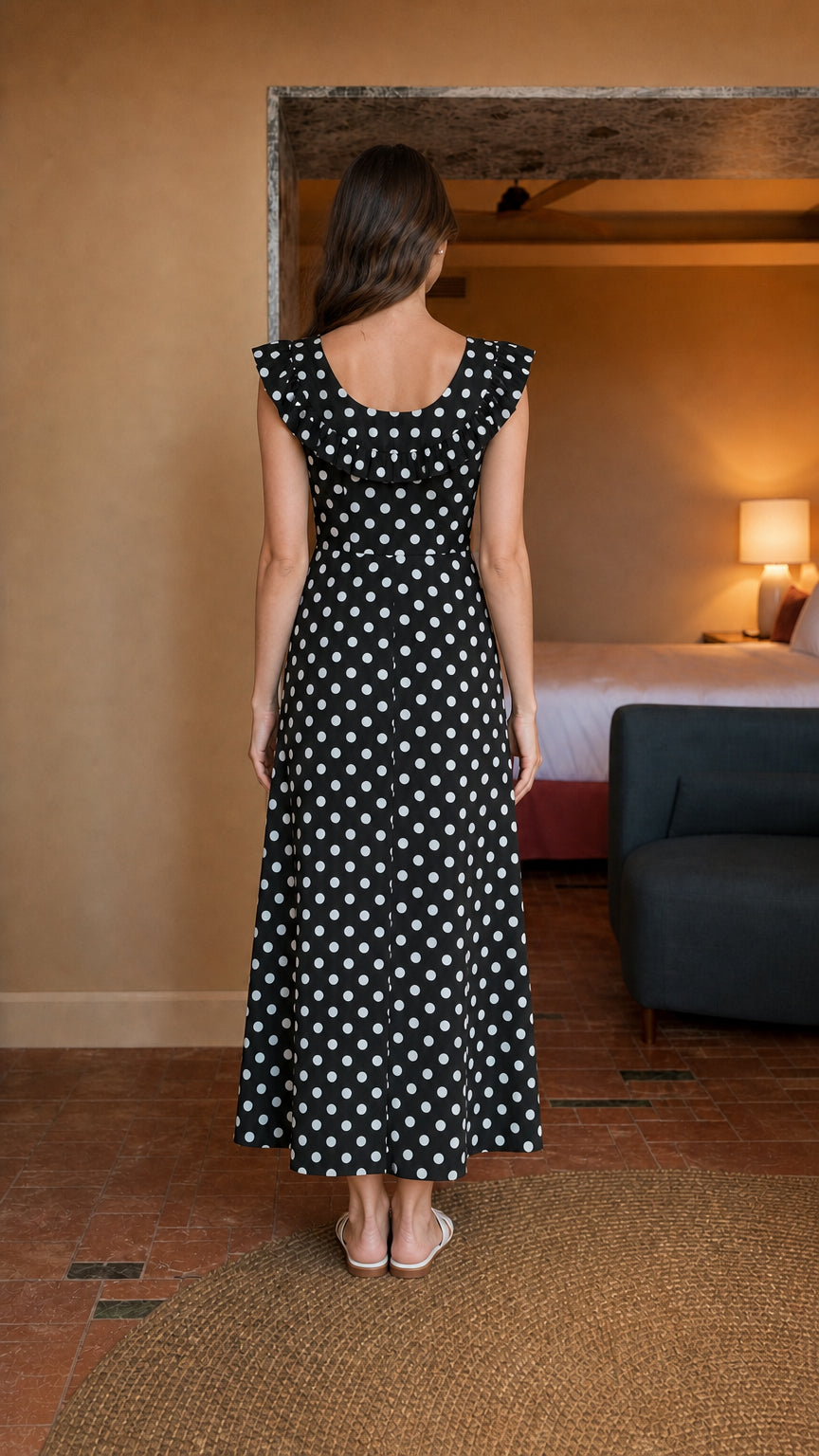 Back view of woman wearing black polka dot midi dress