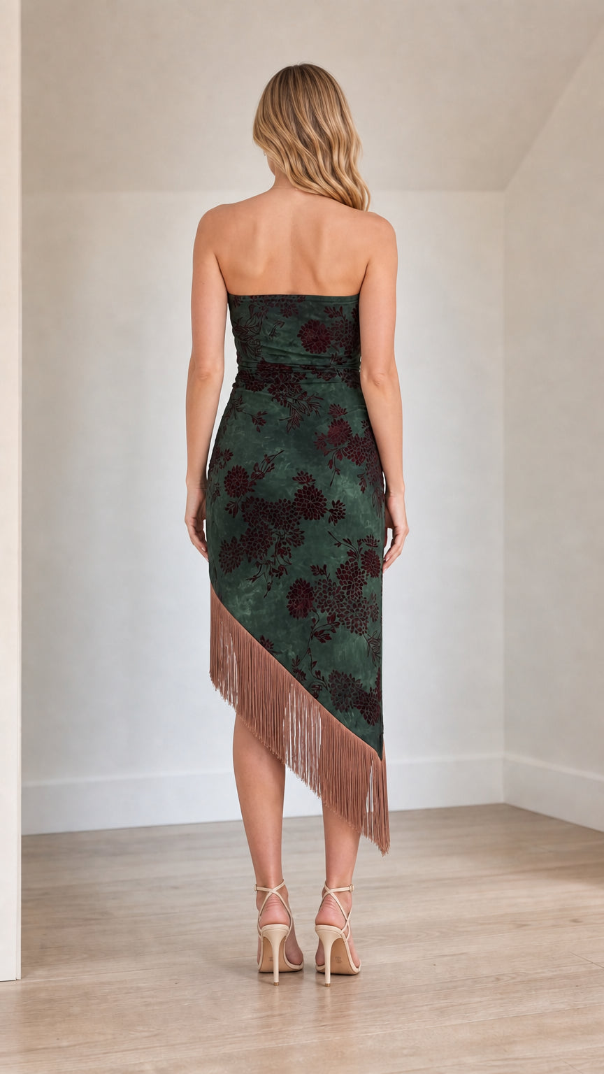 Back view of green strapless velvet midi dress