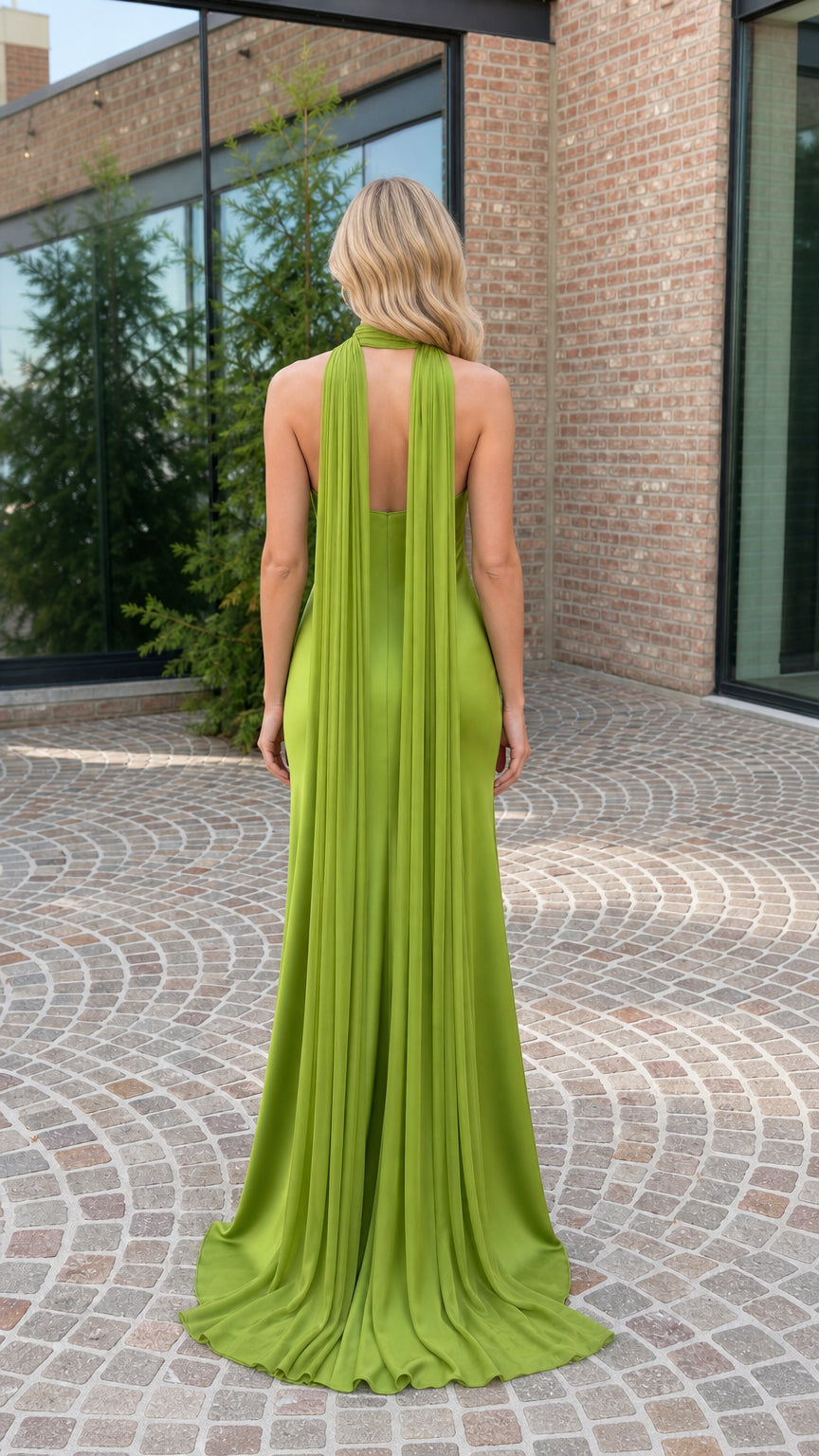 Back view of green halter neck gown with flowing fabric panel