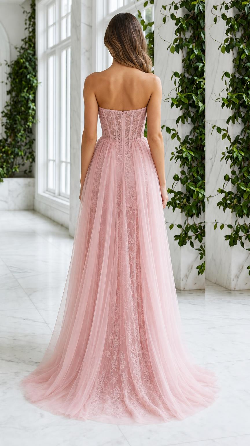 Back view of pink formal dress with sweep train
