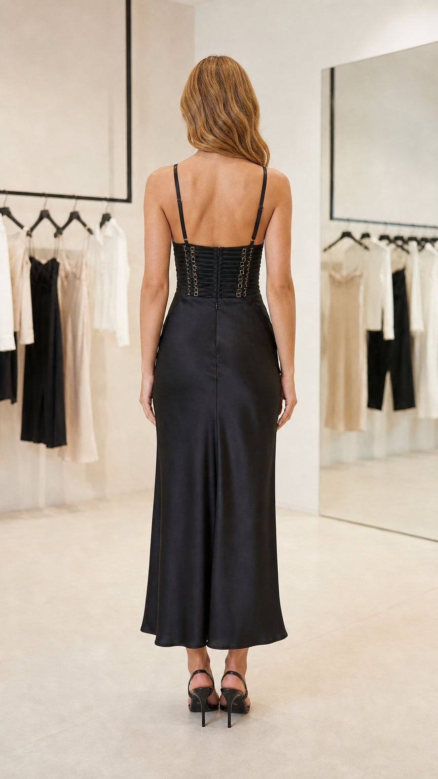 Back view of woman in Black satin slip maxi dress