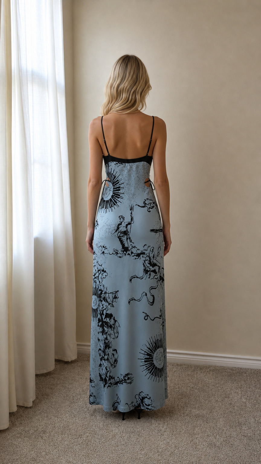 Back view of Light Blue maxi slip dress