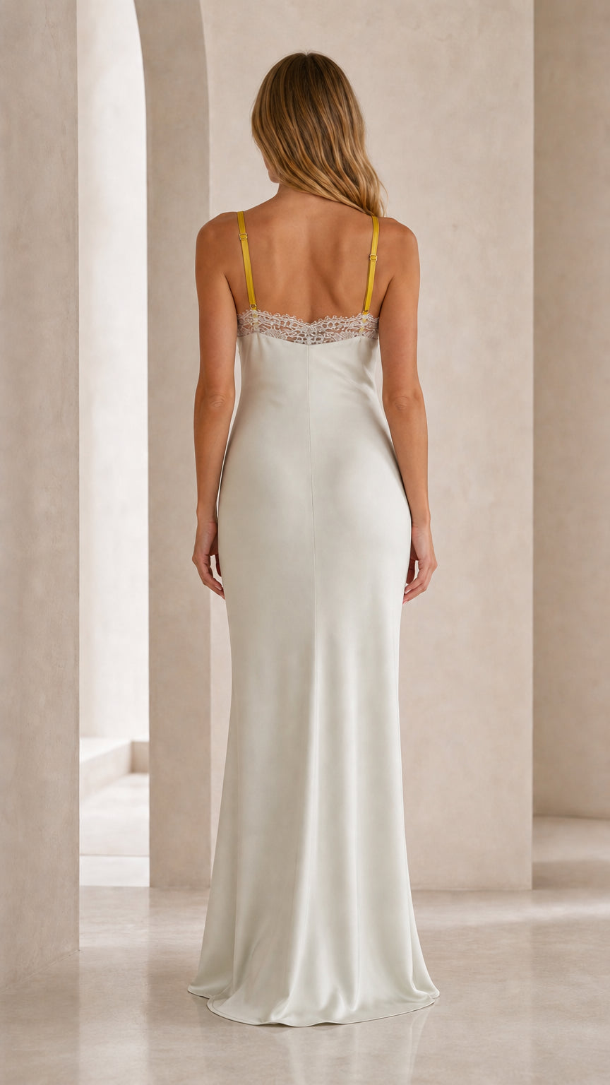 Back view of ivory satin maxi dress