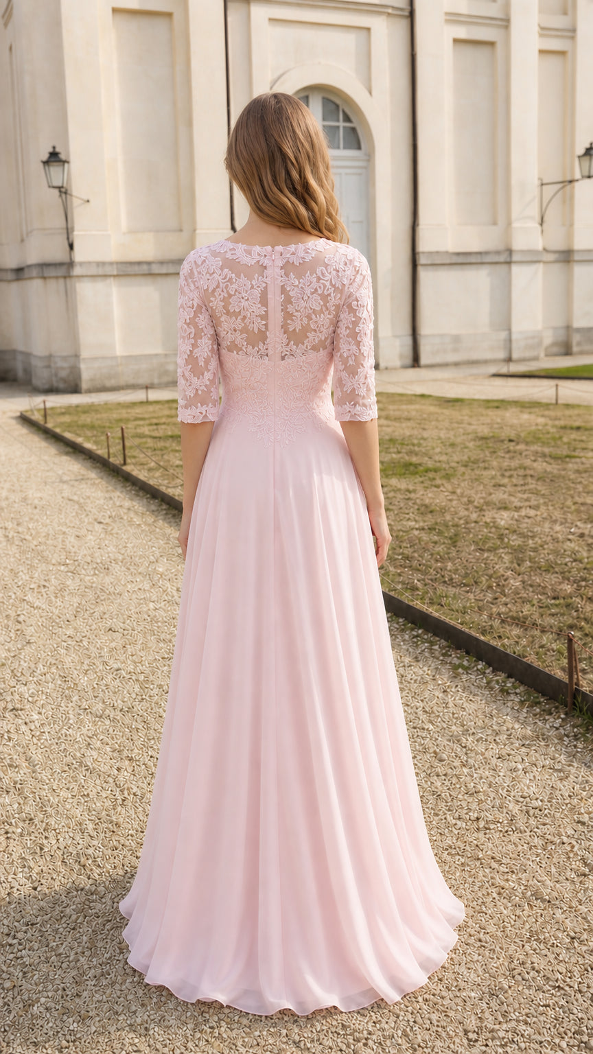 Back view of pink lace evening dress