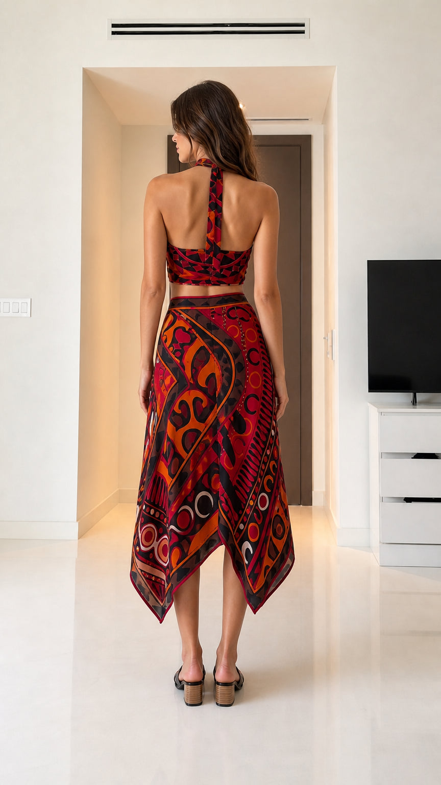Woman wearing red geometric print two piece set back view