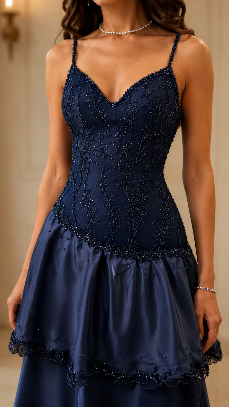 Close-up of navy lace bodice maxi dress with sweetheart neckline and tiered skirt detail