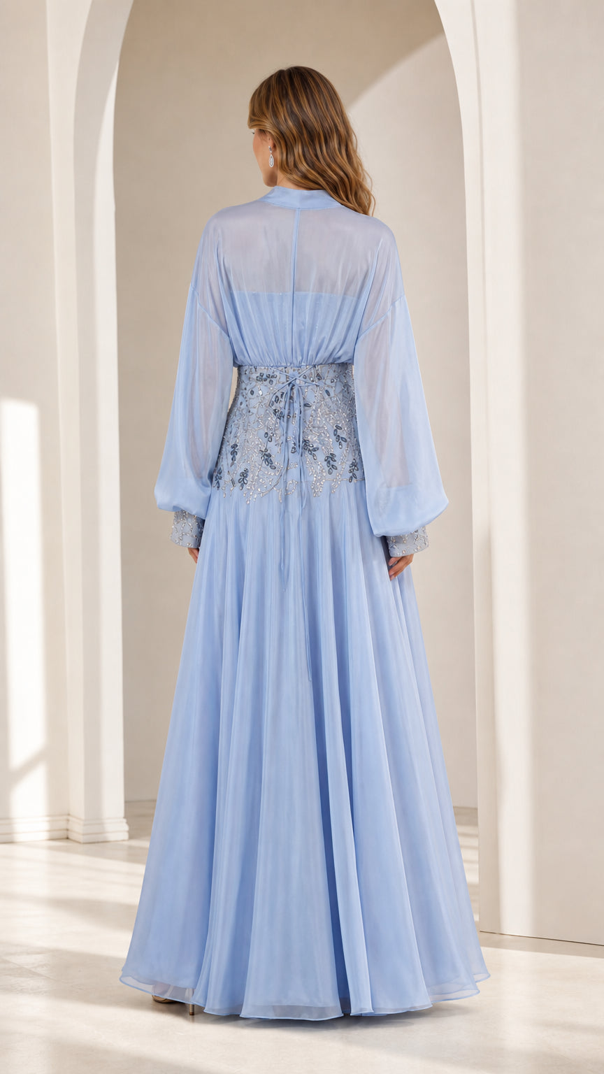 Back view of light blue long sleeve maxi dress