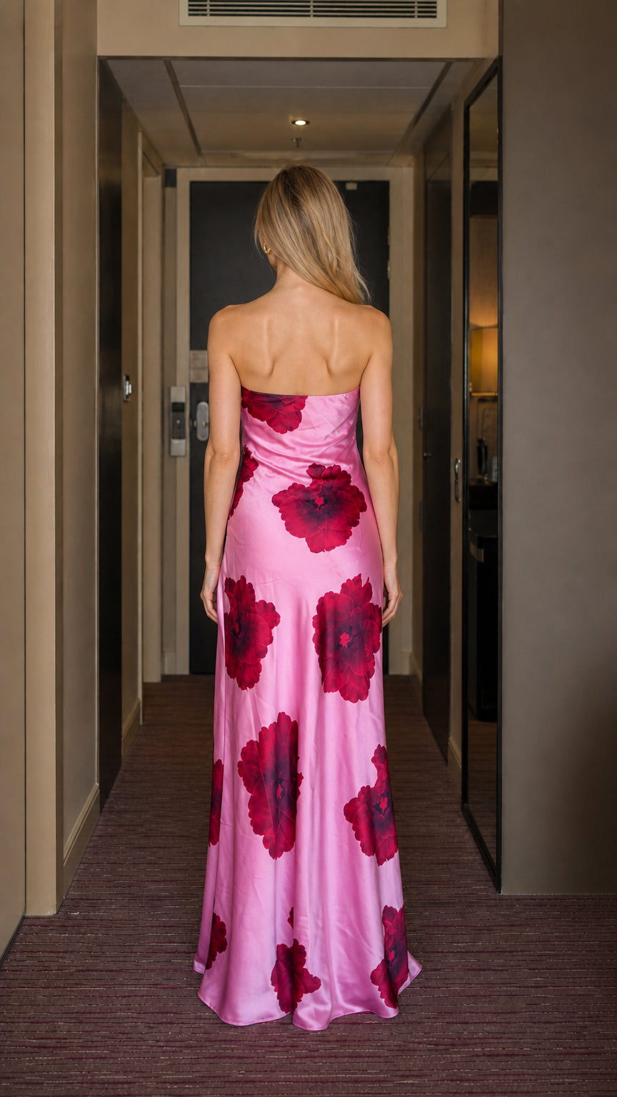 Back view of pink floral satin maxi dress