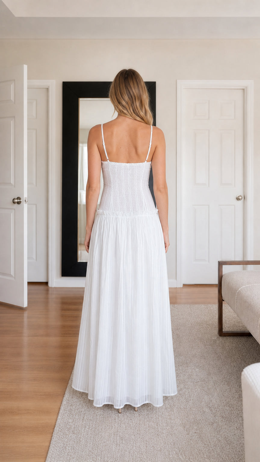 Back view of White pleated cami maxi dress