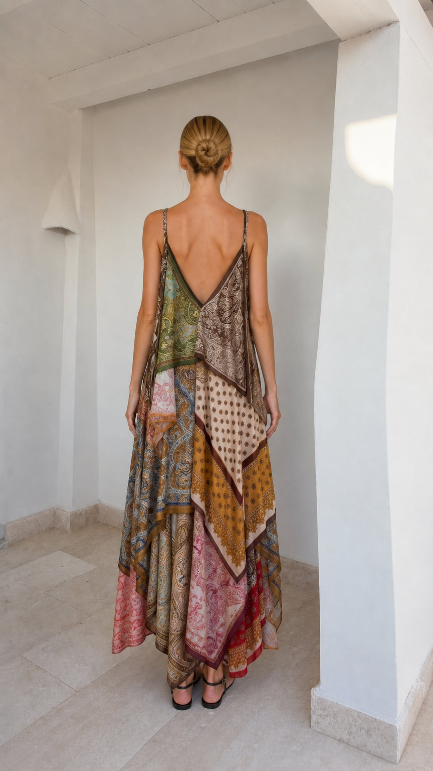 Back view of model showing V-back and handkerchief hem