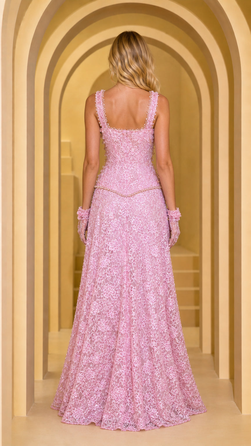 Back view of pink lace evening gown