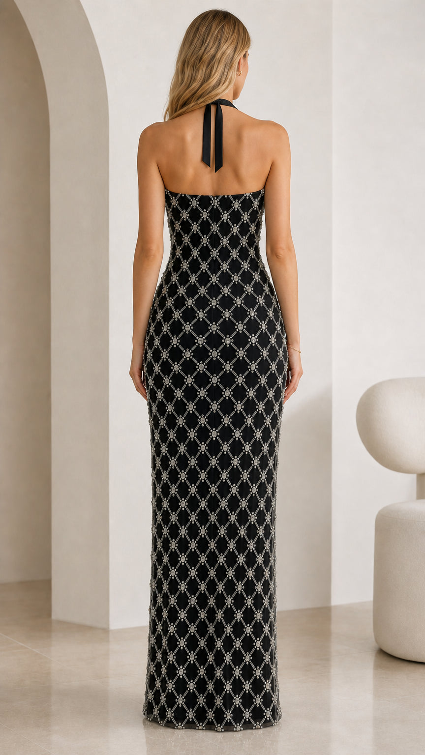 Back view of black rhinestone halter maxi dress