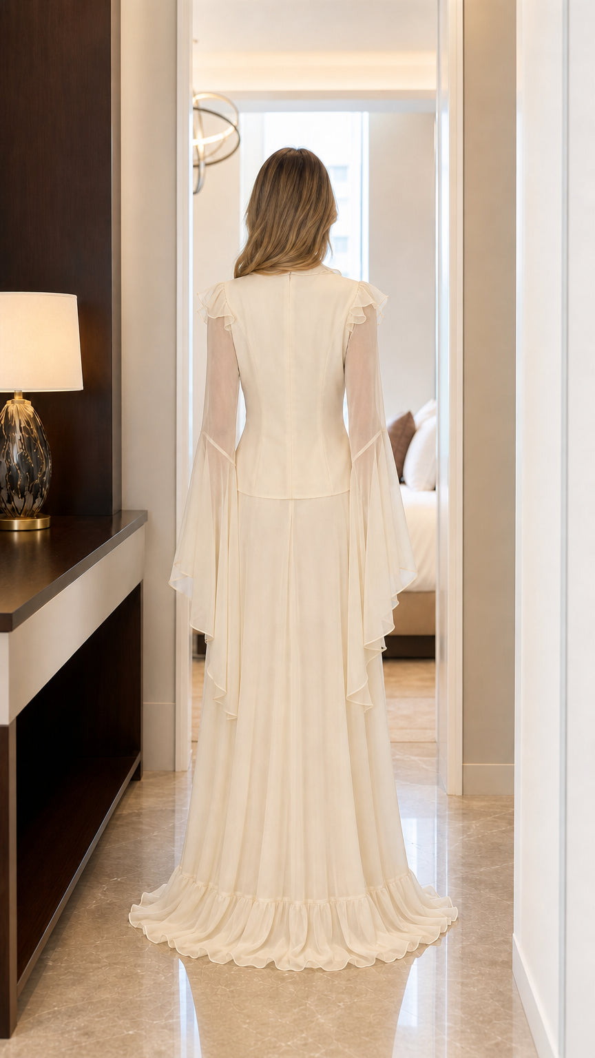 Back view of elegant champagne maxi dress