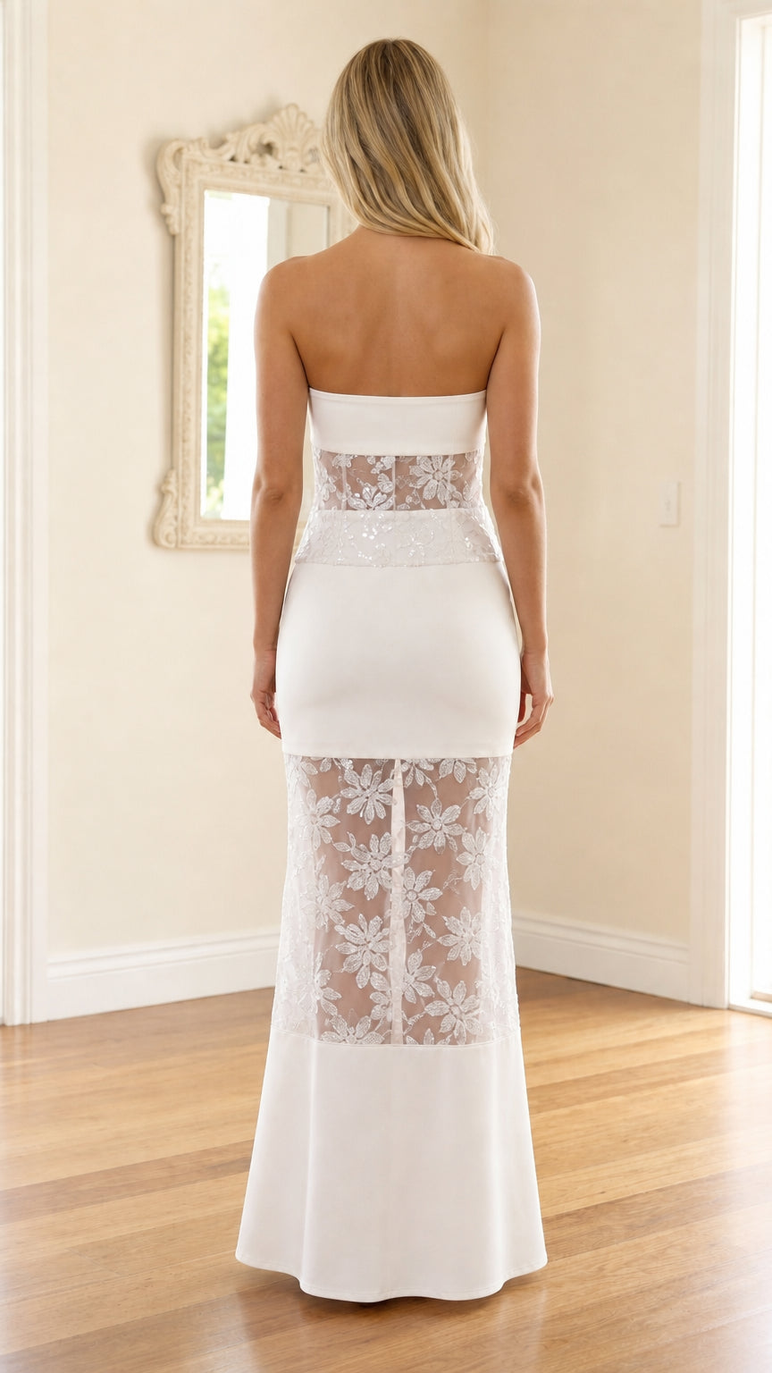Back view of white strapless sequin mesh maxi dress