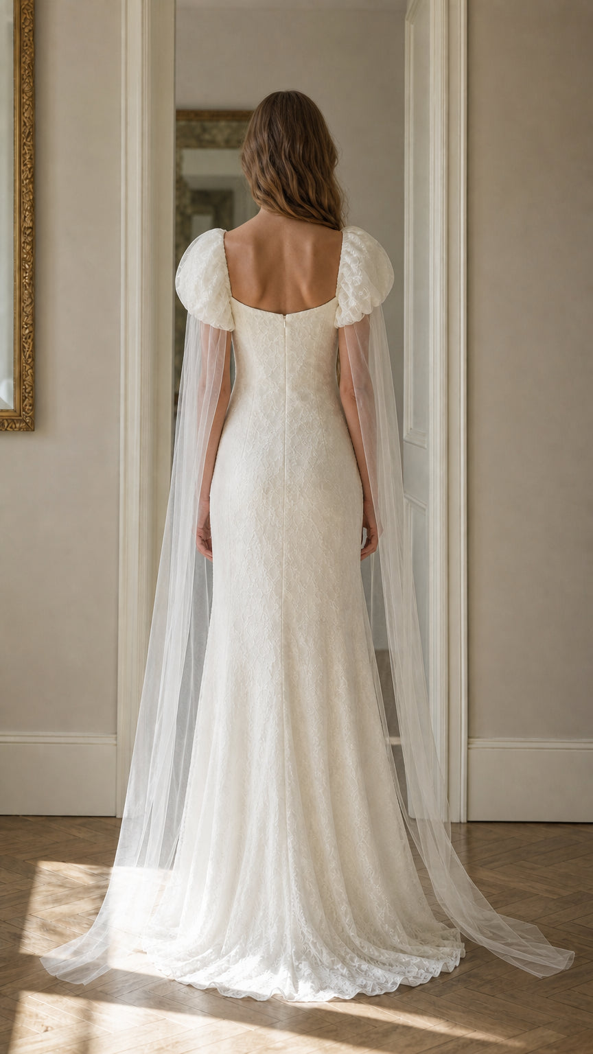 Back view of white lace maxi dress with flowing cape