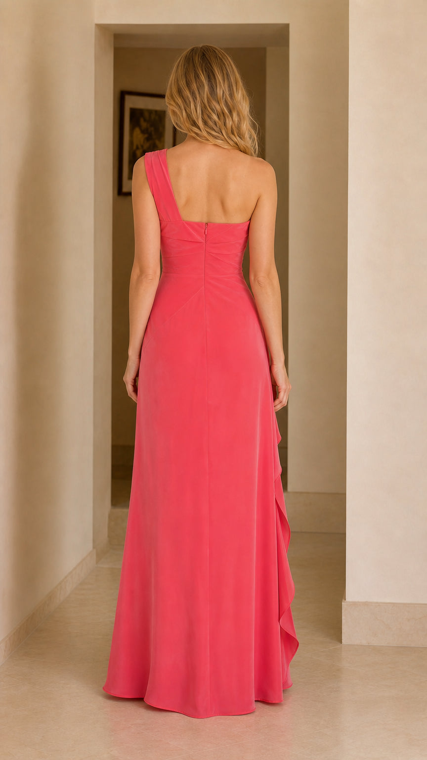 Model wearing pink one-shoulder maxi dress back view