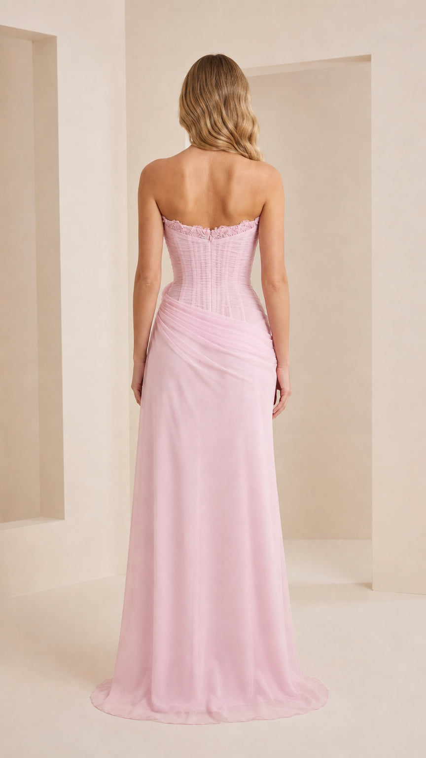 Back view of the pink strapless evening gown