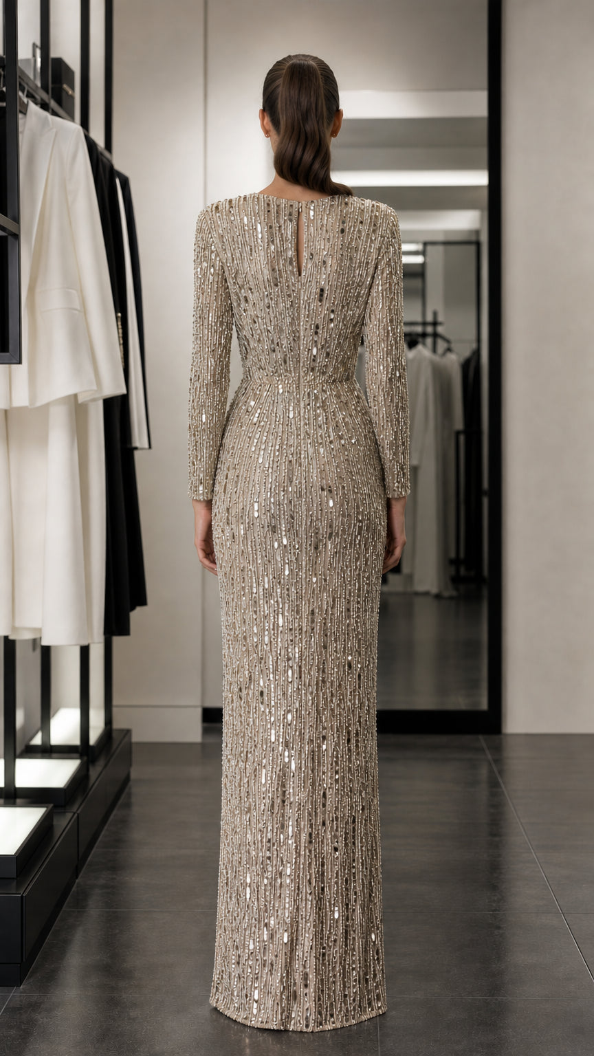 Back view of champagne sequined evening dress