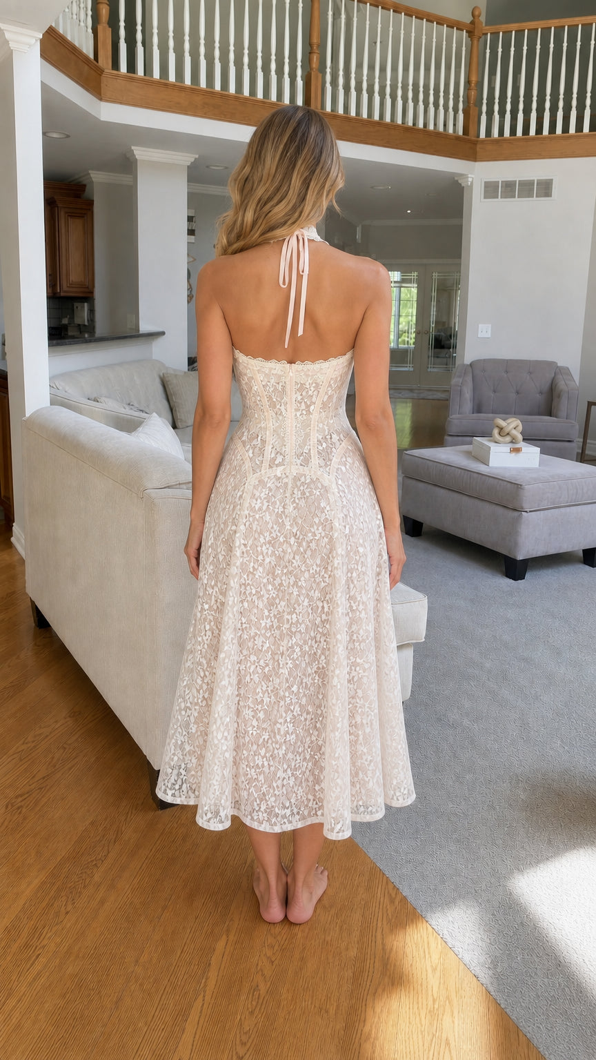 Back view of white lace halter midi dress