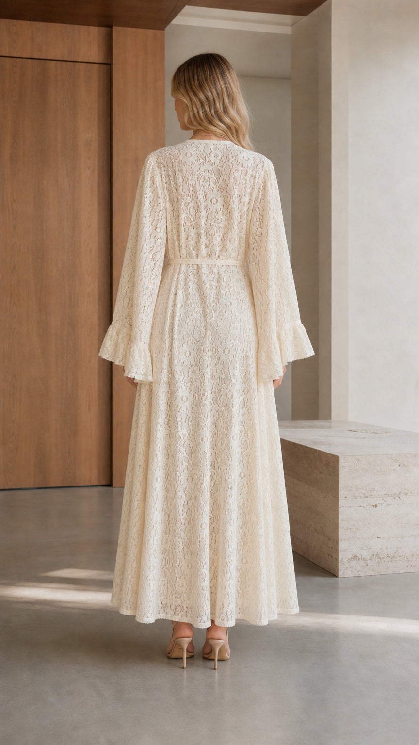 Back view of cream lace robe and maxi skirt set