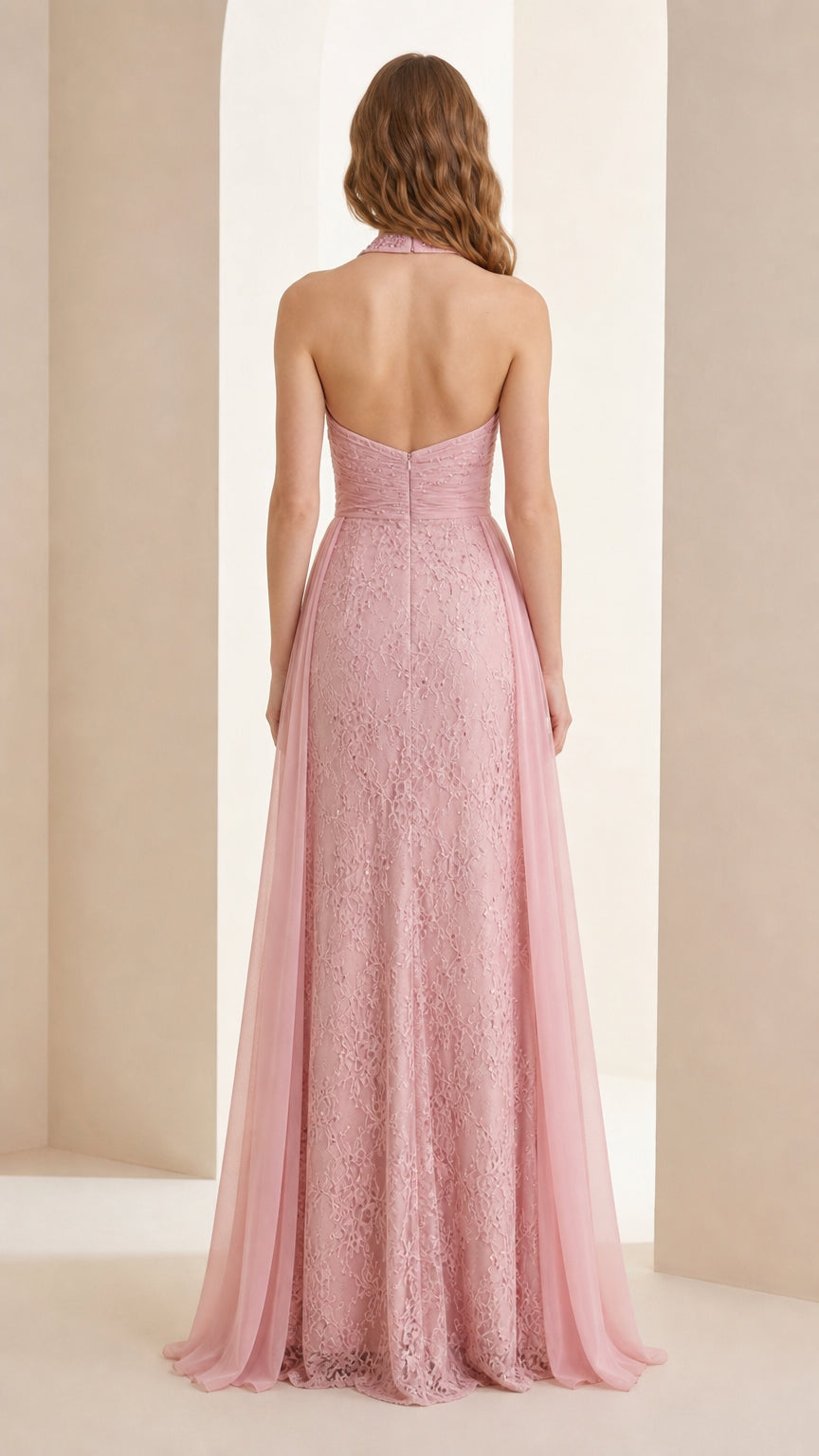 Back view of pink evening dress showing open back design