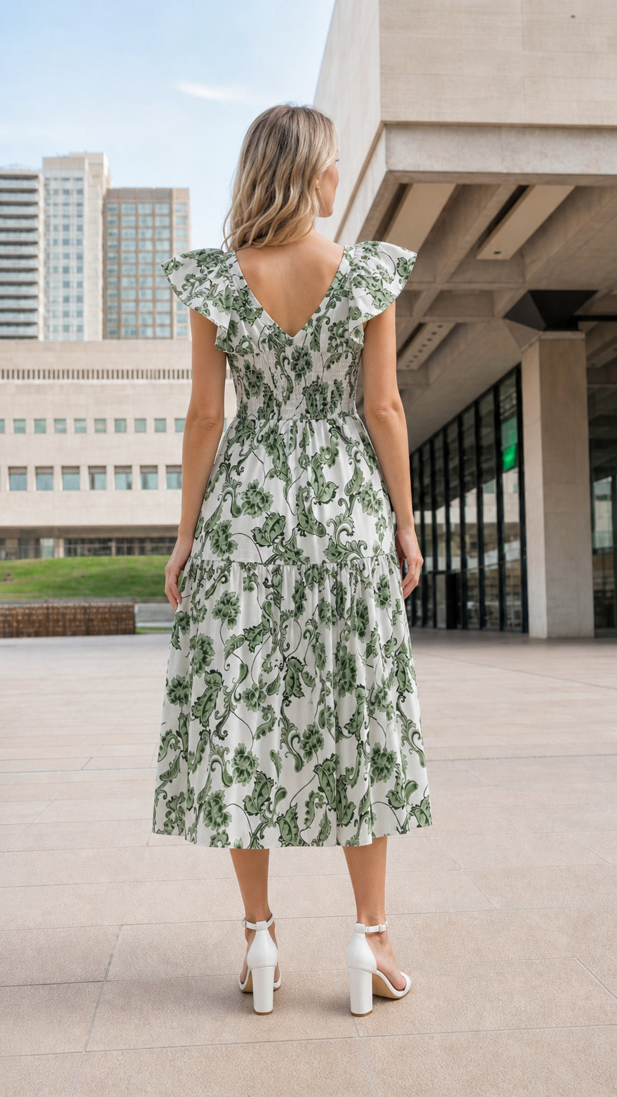 Back view of woman wearing white floral midi dress