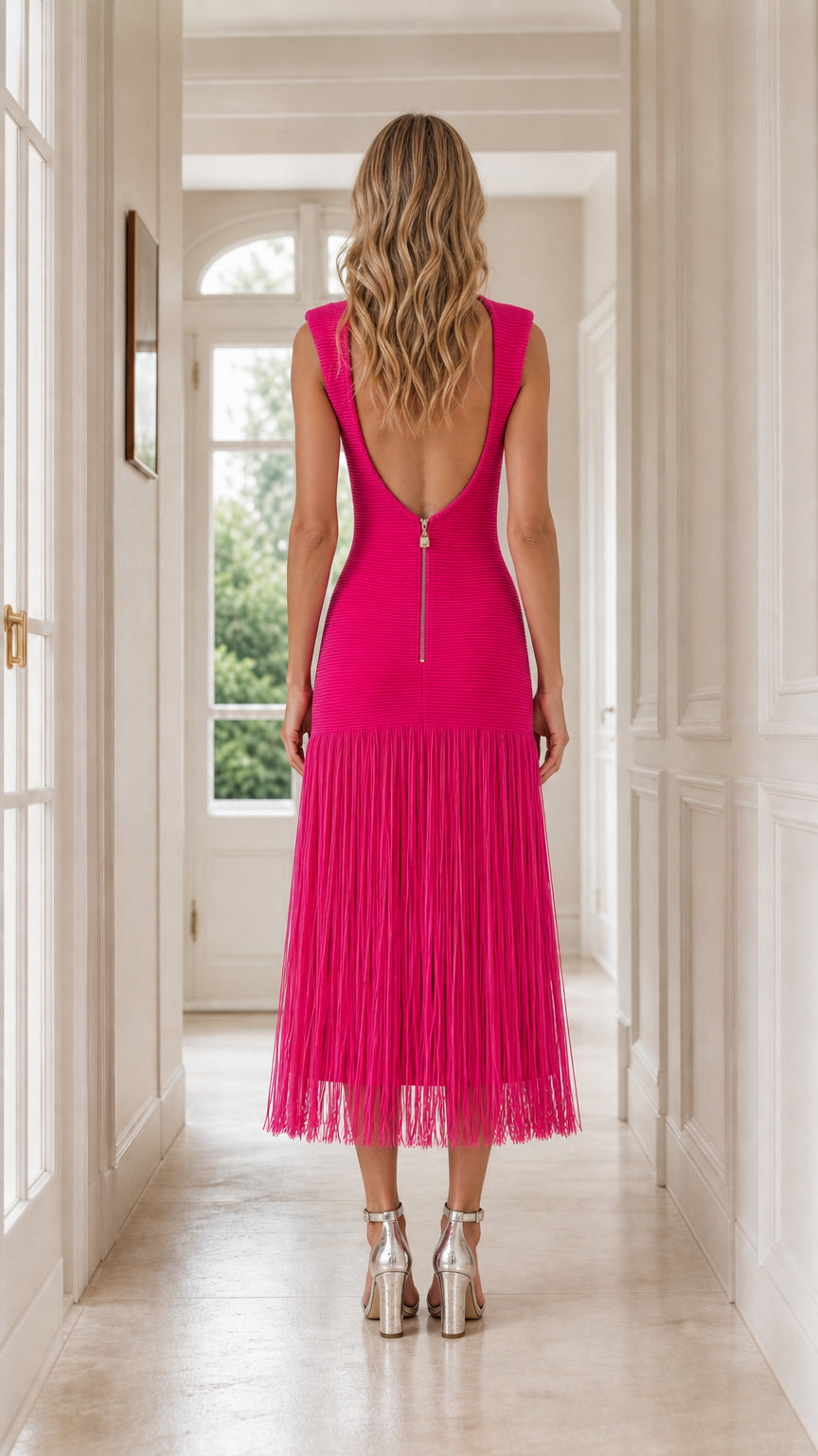 Back view showcasing open back and zipper detail on fuchsia midi dress