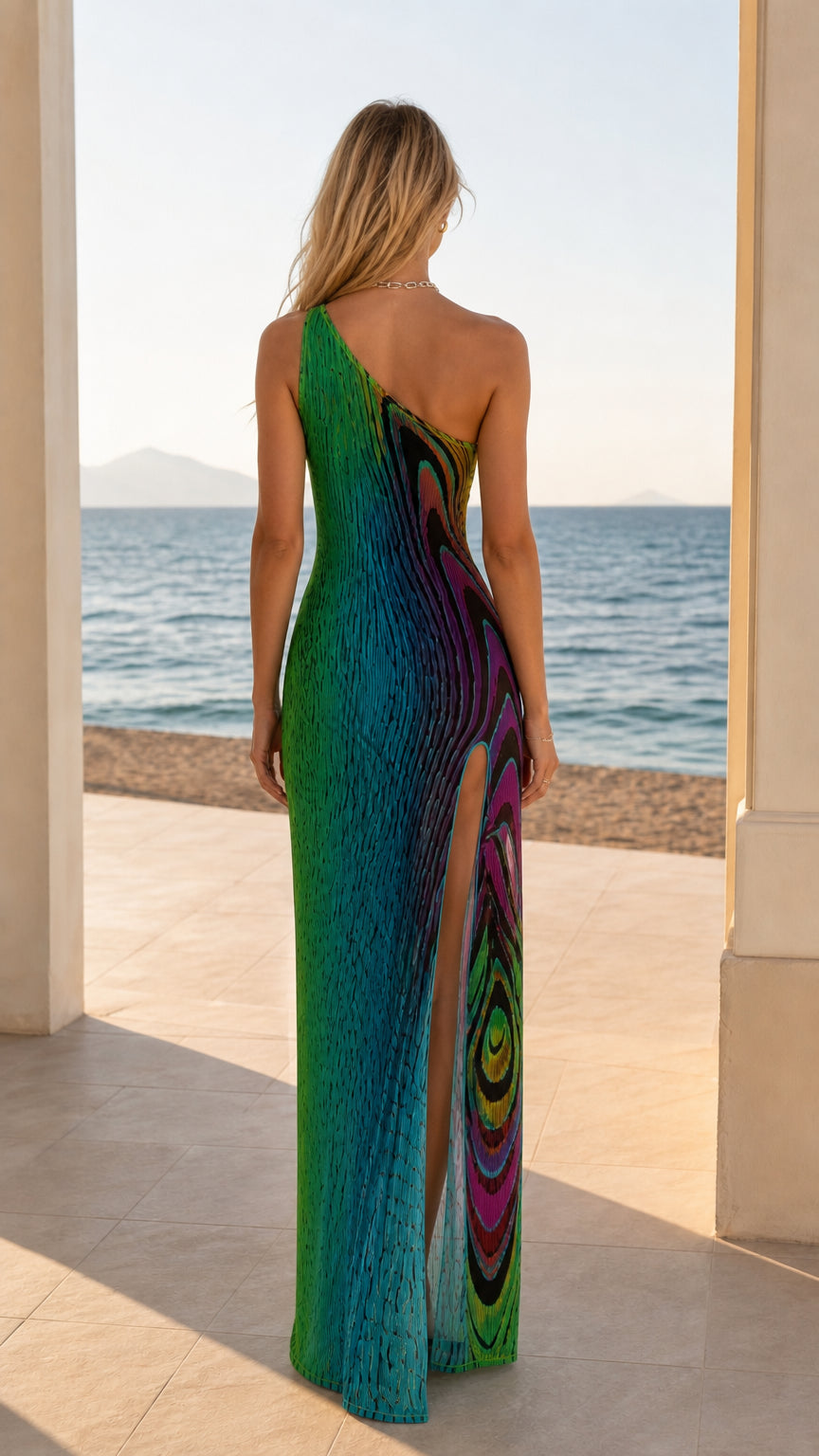Back view of green one-shoulder maxi dress showing side slit