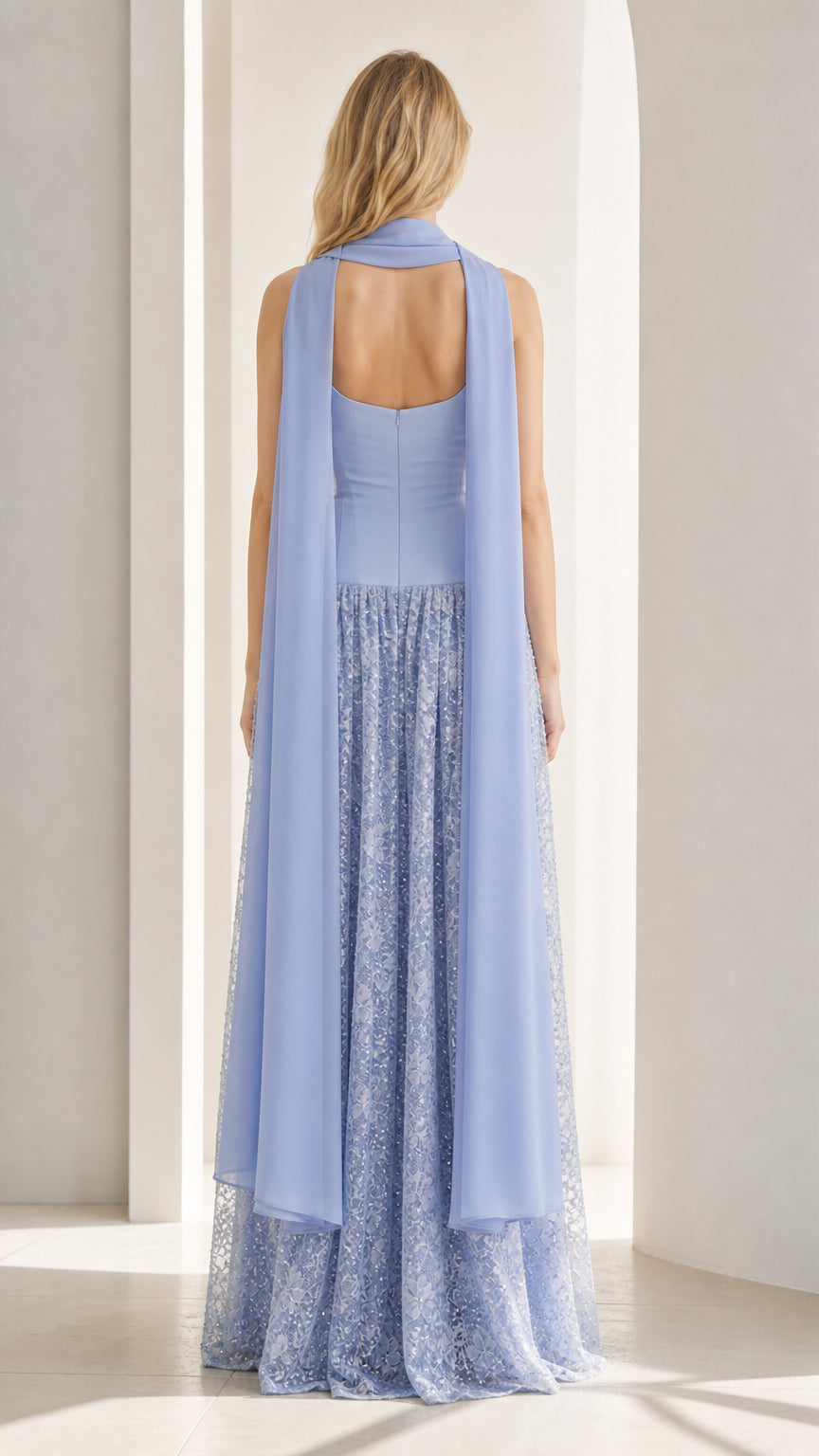 Back view showcasing flowing scarf and structured bodice