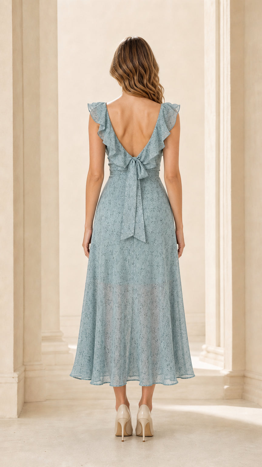 Back view showcasing back tie detail on blue dress