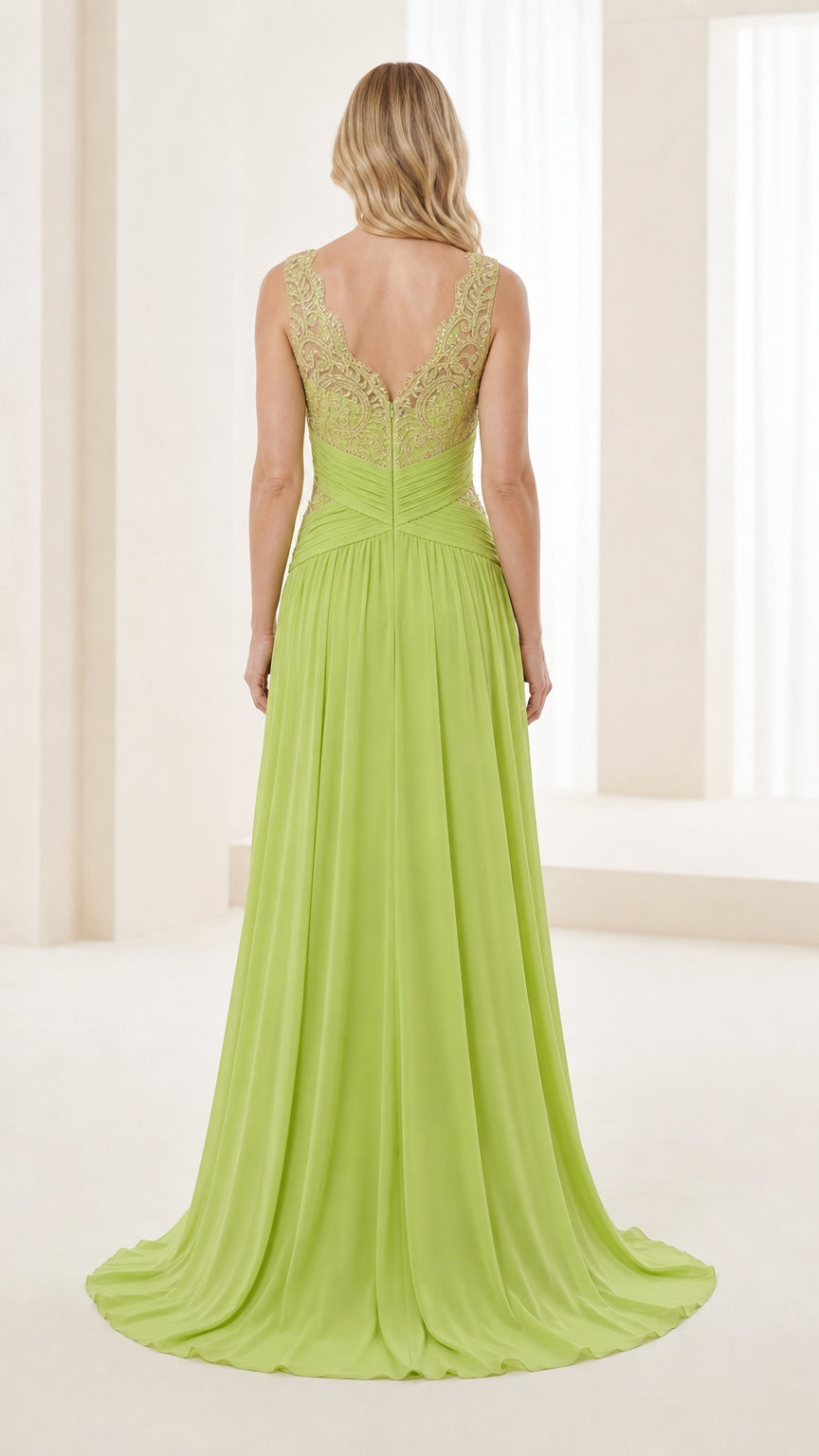 Back view of lime green evening gown showcasing V-back and sweep train