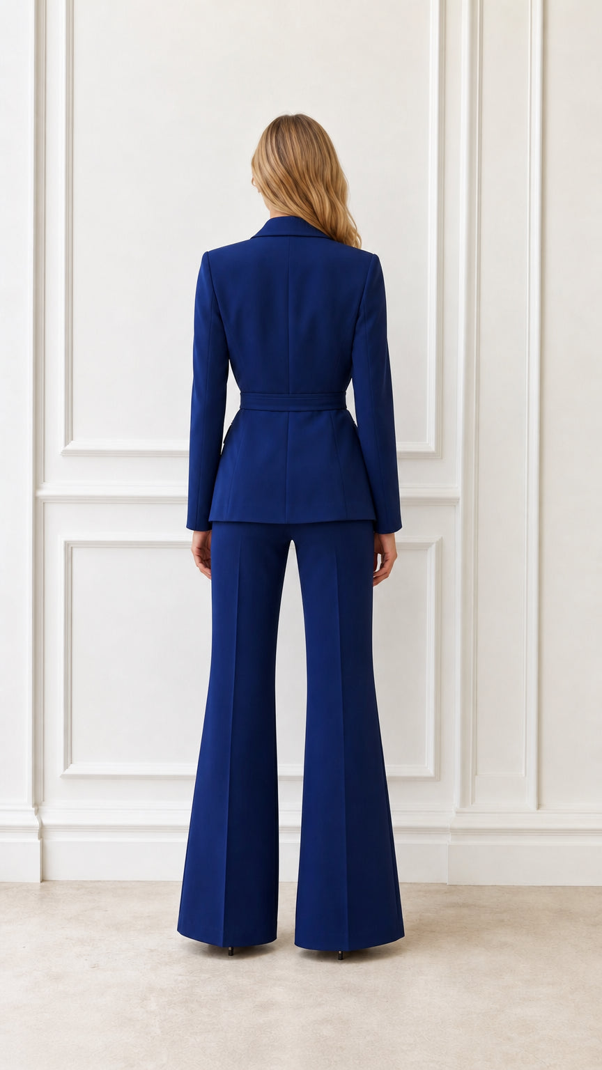 Back view of woman wearing royal blue suit set with flared trousers