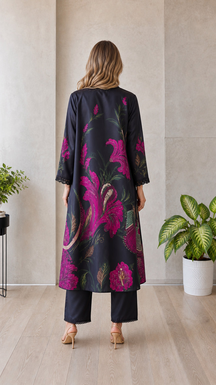 Model wearing black floral 3-piece cardigan set, back view
