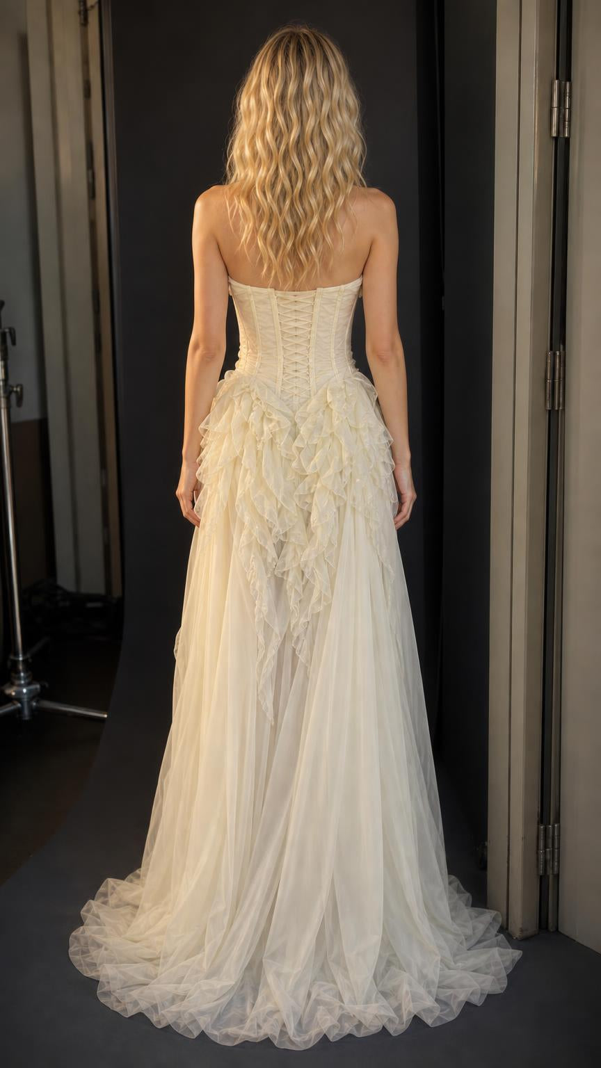 Ethereal Ruffled Corset Strapless Long Gown in Champagne back view