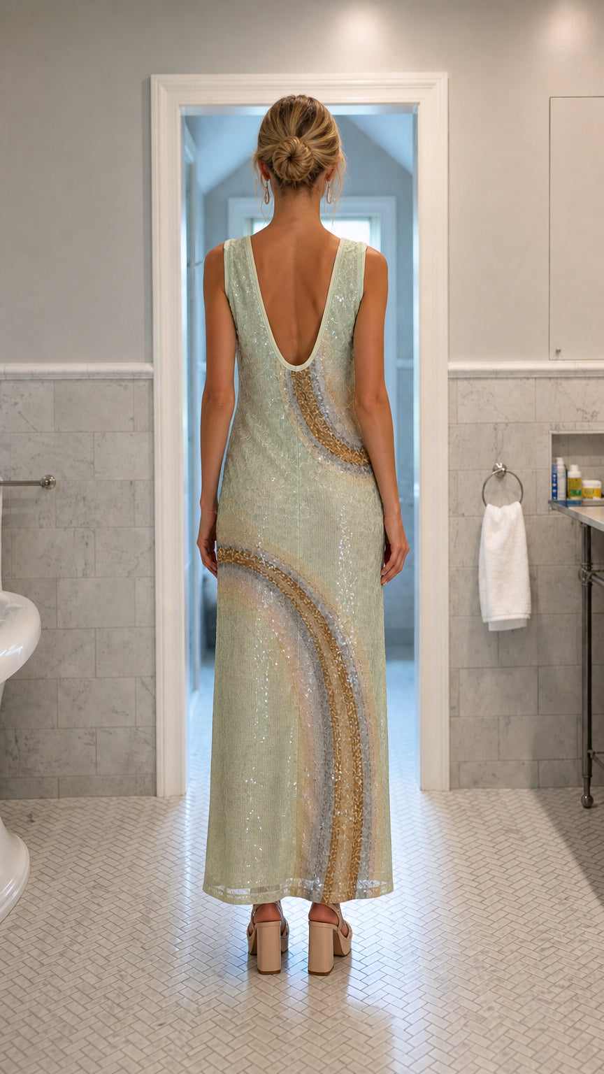 Back view showcasing scoop back detail of mint sequin dress
