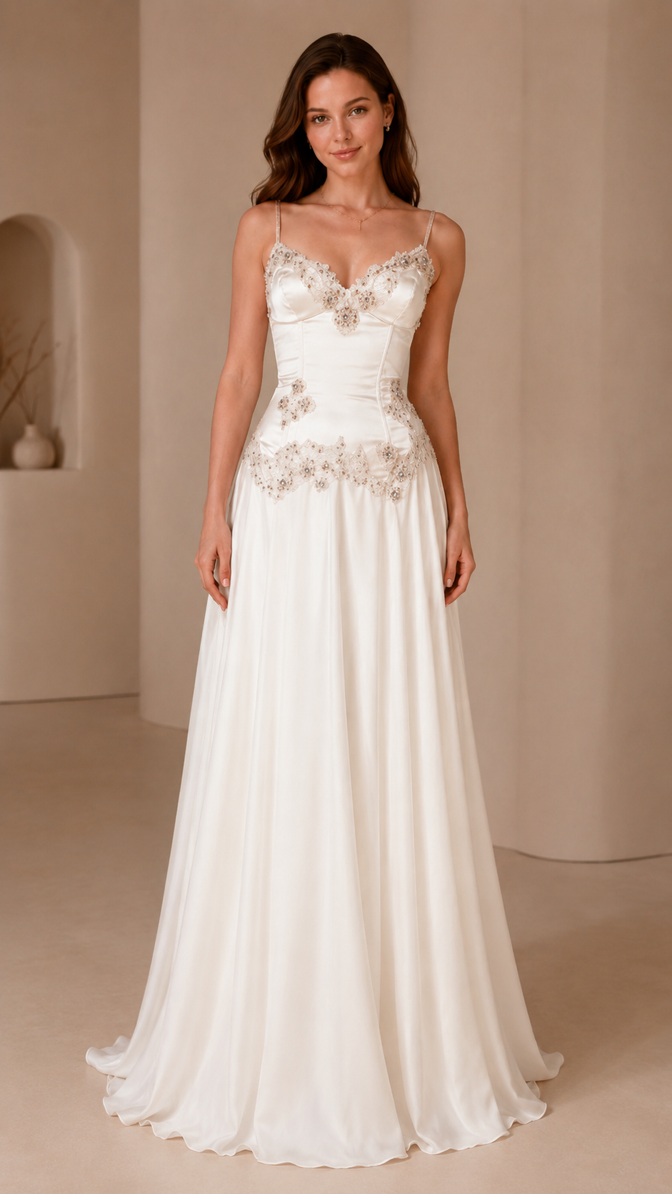 Ivory embroidered satin-look spaghetti strap maxi evening dress front view