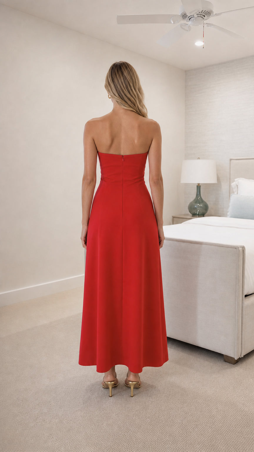 Back view of red strapless dress