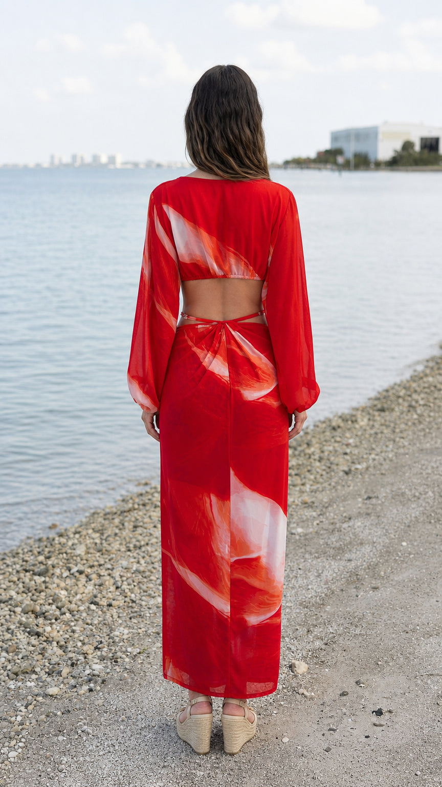 Back view of red abstract print cutout maxi dress