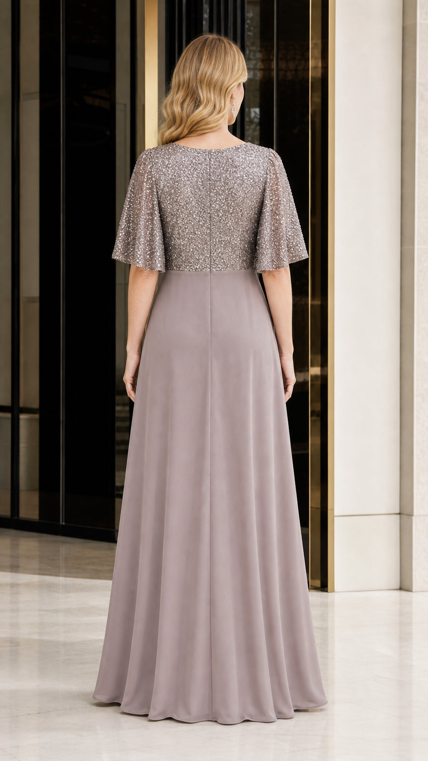 Back view of taupe evening gown