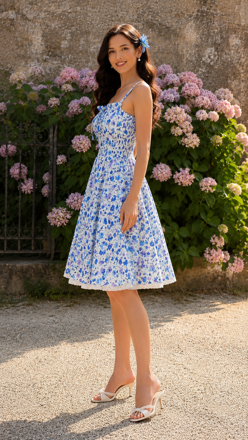 Side view of blue floral square-neck sundress with midi-length A-line silhouette