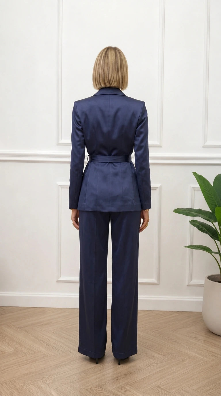 Back view of woman wearing navy satin suit