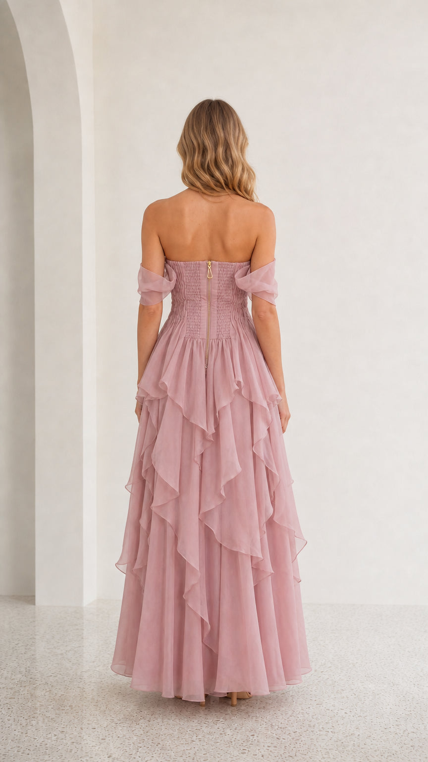 Back view of mauve off-shoulder tiered maxi dress