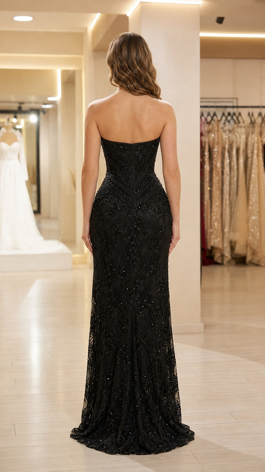 Back view of black lace evening dress with sweep train
