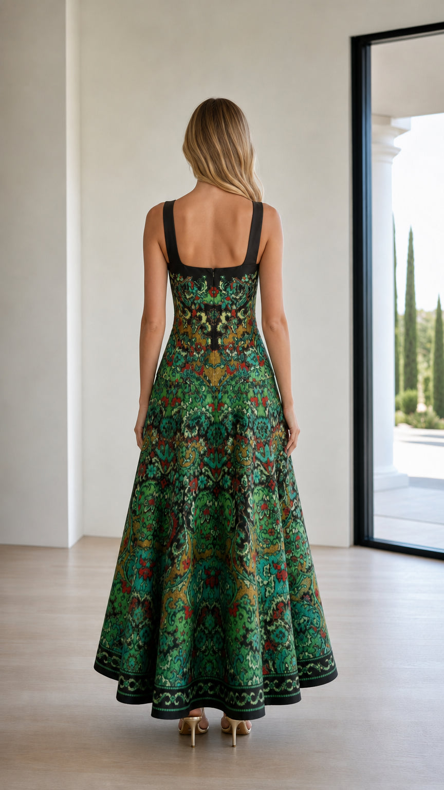 Back view of model showcasing the strap details of the green maxi dress