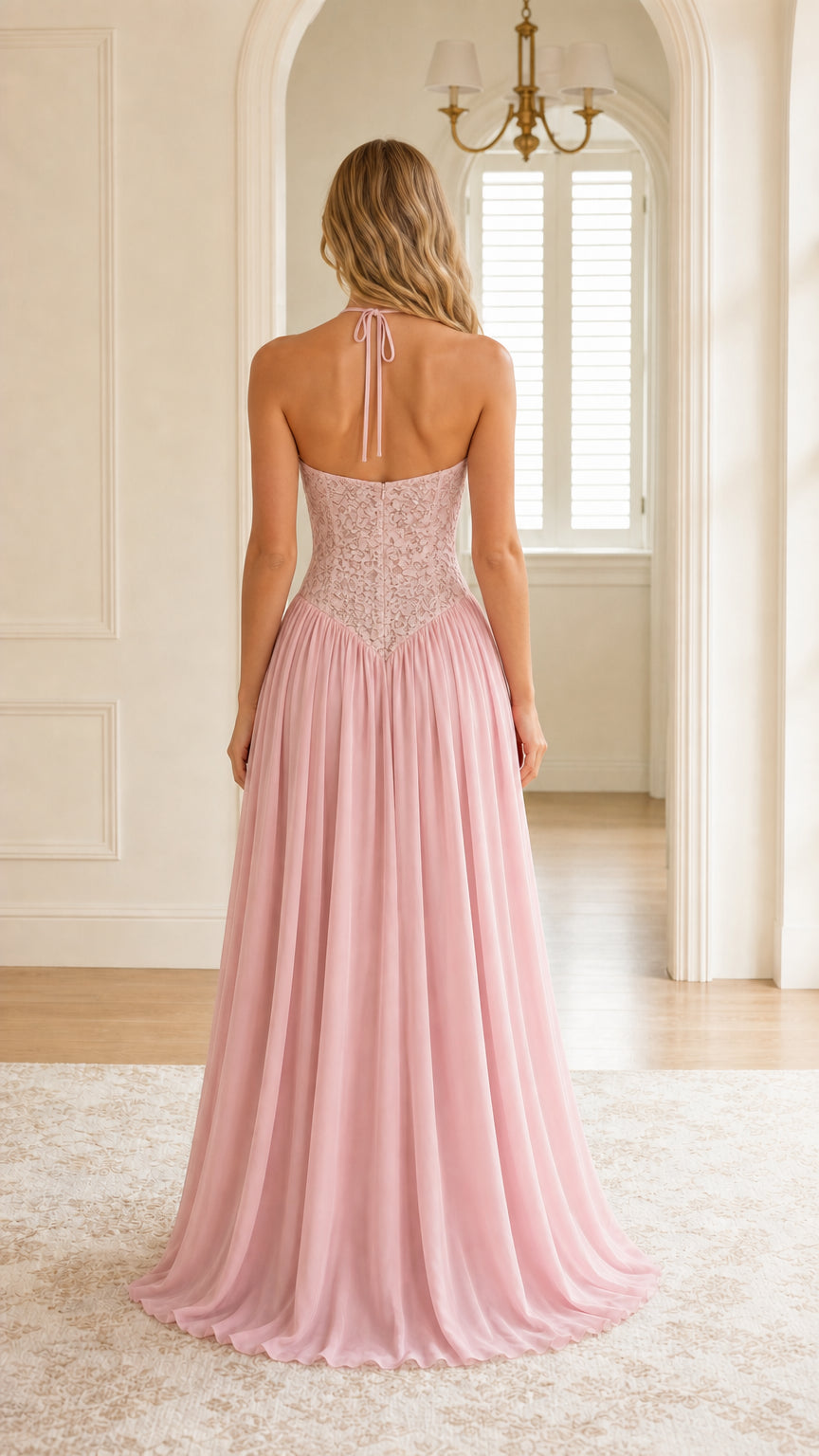 Back view of pink evening gown showing halter straps