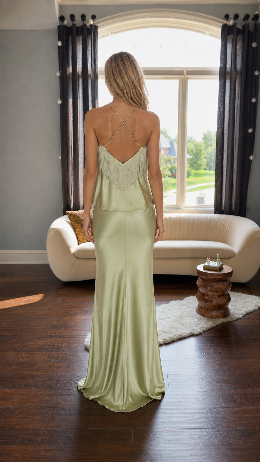 Back view showing criss-cross straps on sage green camisole set