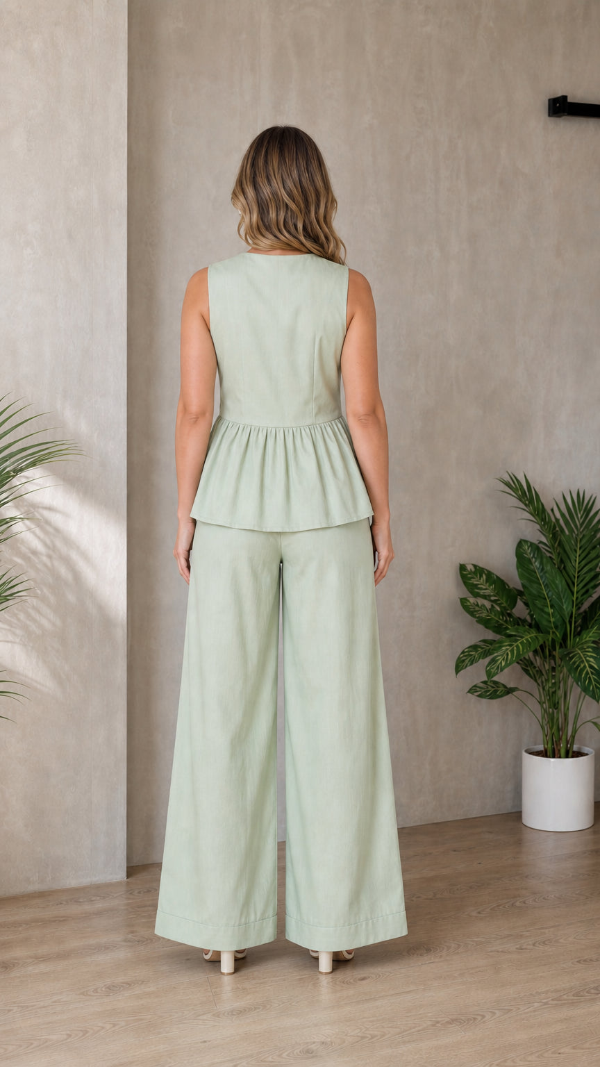 Back view of woman wearing sage green matching set