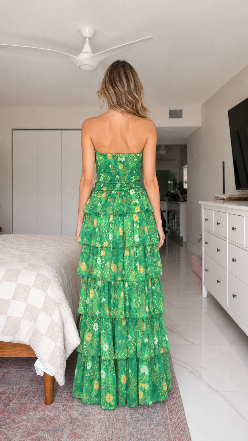 Back view of green floral maxi dress