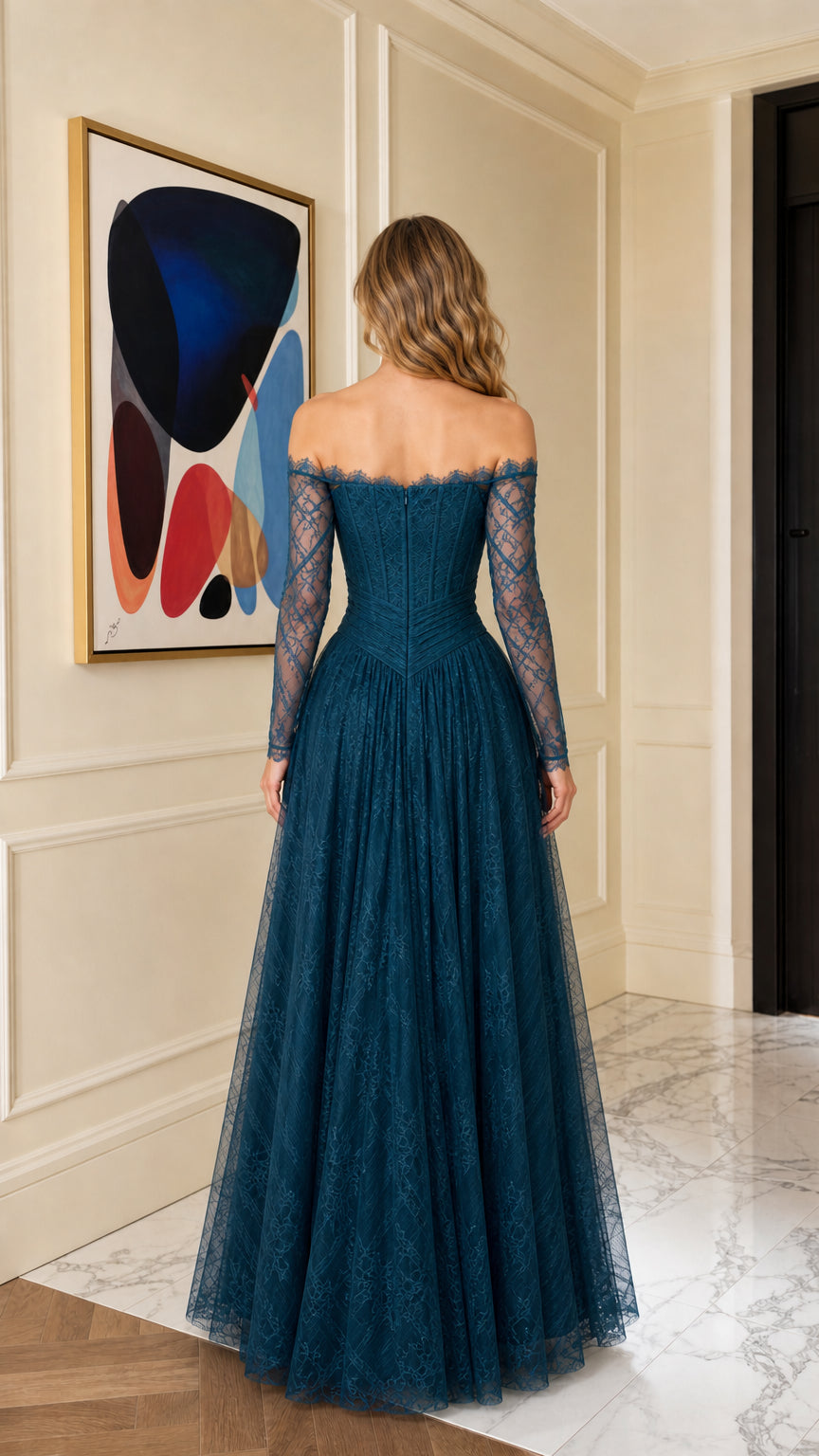 Back view of teal lace evening gown